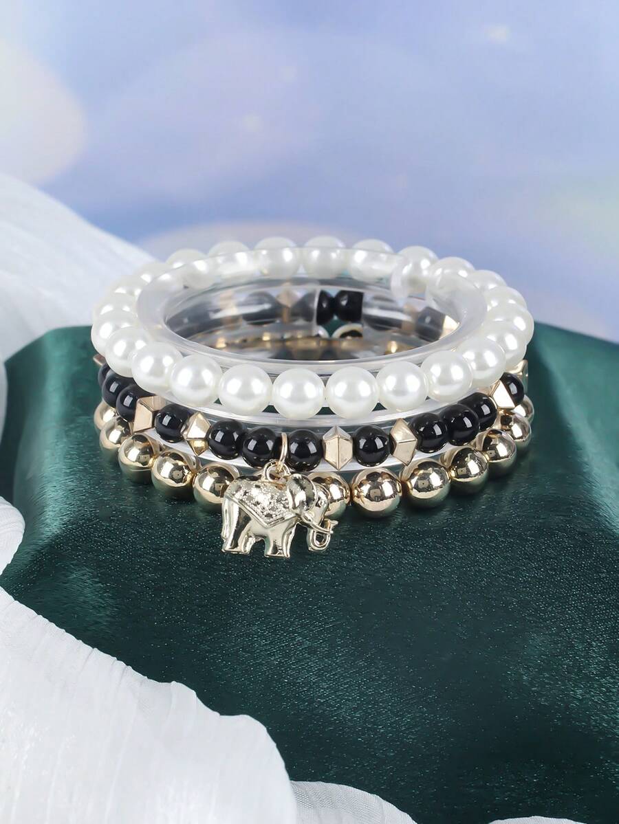 3pcs Bohemian Style Delicate Cute Elephant Beaded Bracelet, Suitable For Daily Wear, Birthday, Party, Valentine's Day, Mother's Day, Holiday Gift - Black - View 1