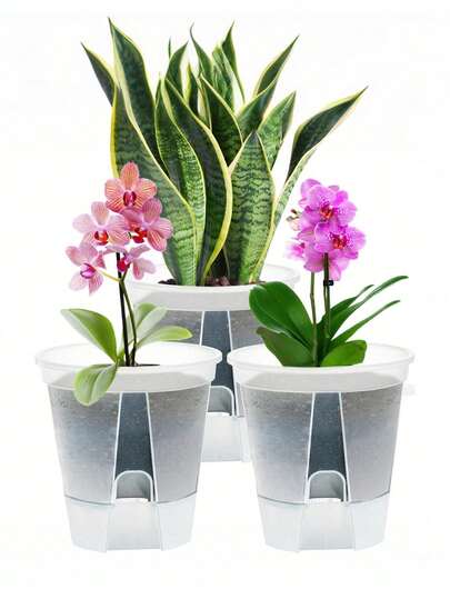 3个自动浇水花盆，14厘米透明塑料花盆，带排水孔，室内育苗盘和小种子发芽容器，适用于兰花、非洲紫罗兰、玫瑰、郁金香，DIY园艺标签，家居装饰园艺用品