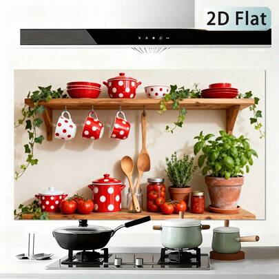 1 pieza de pegatina autoadhesiva plana 2D a prueba de salpicaduras para la cocina, con tema retro pastoral de lunares rojos. Fácil de instalar, fácil de limpiar y resistente al aceite, adecuada para decorar paredes de cocina, comedor y sala de estar.