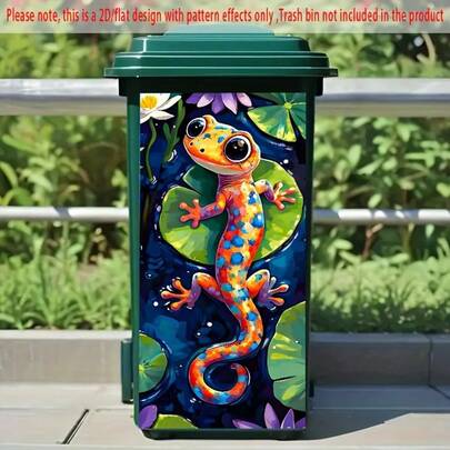 1 miếng dán thùng rác tự dính phẳng 2D, hình tắc kè nhiều màu trên lá sen, thiết kế phẳng 2D, decal thùng rác PVC chống thấm nước dùng trang trí nhà cửa ngoài trời, trang trí thùng rác sáng tạo, phù hợp trang trí tường và nhà bếp, sắp xếp nhà cửa, chất liệu PVC, dễ bóc và dán, nhãn dán nghệ thuật phẳng, trang trí nhà bếp.