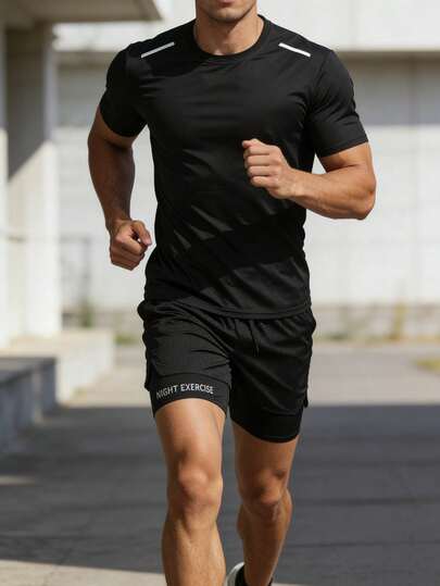 Men's Breathable Gym Set Reflective Detail Tee & Double Layer Mesh Shorts Casual Summer Sportswear