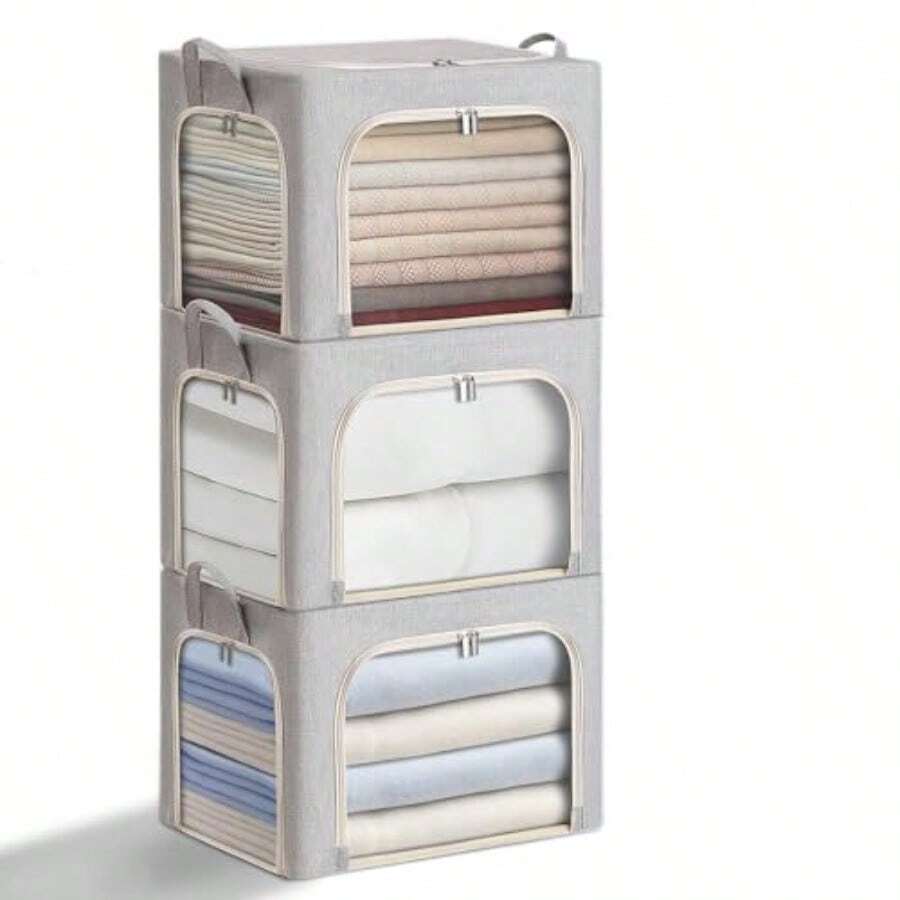 Combocube - Contenedores de almacenamiento de ropa con 3 lados con cierre y marco de metal grueso contenedores apilables y plegables para guardar ropa con tapa caja de almacenamiento de tela de lino - beige azul claro rosa - Ver 1