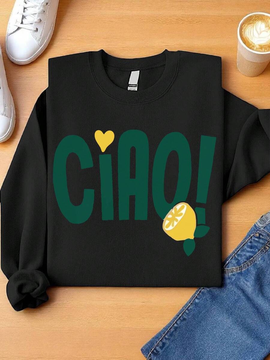 Ciao Italian Lemons Sweatshirt, Summer Vacation Crew Neck Sweatshirt, Italian Summer Sweaters, Vacay Mode On Long Sleeve Sweaters, Italy Trip Outfit, Language Teacher Gift. MA-1908S - 黑色 - 查看 1