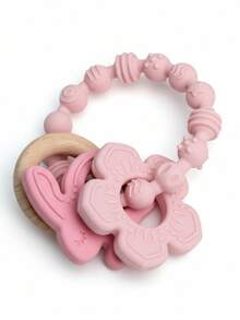 1pc Pink Flower Rabbit Textured Silicone & Wooden Teething Ring, Baby Sensory Toy, Relieve Teething Pain - Multicolor - View 2