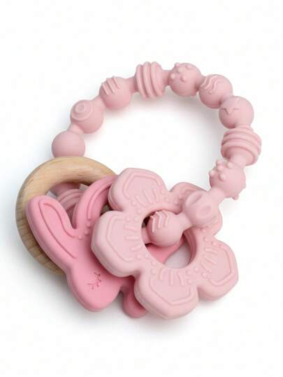 ETETOO 1个婴儿硅胶木质磨牙环，粉色花朵兔子纹理磨牙玩具，适合感官游戏，缓解婴儿磨牙不适