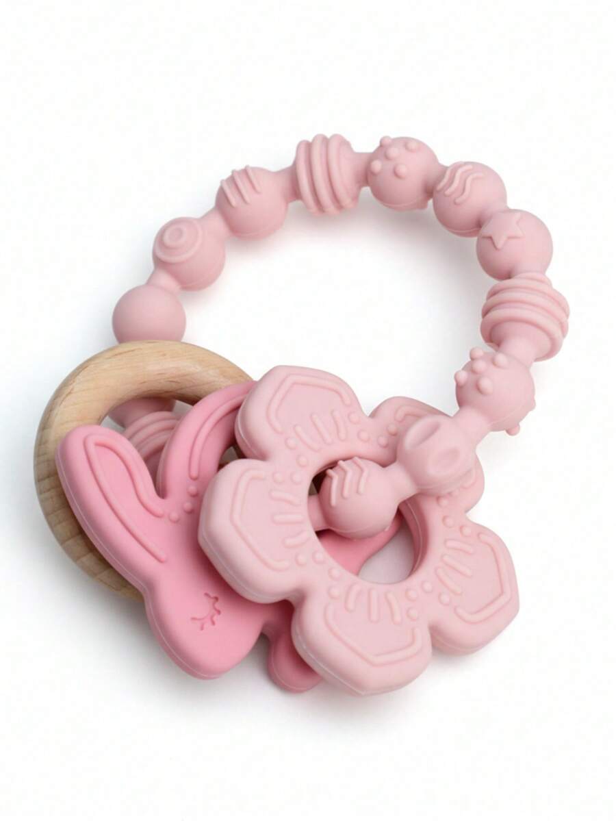 1pc Pink Flower Rabbit Textured Silicone & Wooden Teething Ring, Baby Sensory Toy, Relieve Teething Pain