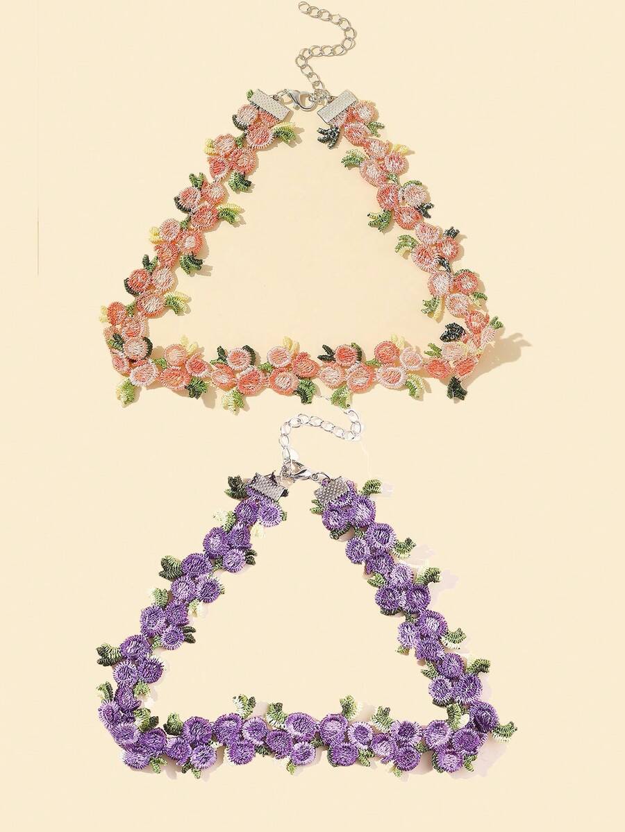 1pc Women's Retro Floral Embroidered Fabric Choker Necklace - Multicolor - View 1