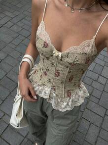 Buzzelle 女士优雅宫廷甜美玫瑰花园蕾丝拼接吊带背心，可调节交叉后背设计 - 杏色 - 查看 1