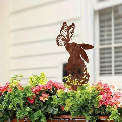 1pc Rustic Rabbit & Butterfly Garden Stake - Whimsical Nature-Inspired Outdoor Decor, Suitable For Balcony, Lawn And Patio, With Vibrant Flowers, Perfect For Magical Garden And Patio Decoration, Garden Ornament