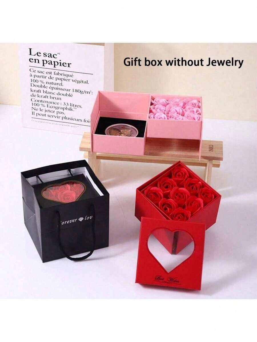 永恒之爱9支玫瑰花束梦幻礼盒（蝴蝶主题），配红色、黑色、粉色带盖纸质首饰盒，情人节首饰盒，婚礼派对首饰盒 - 彩色 - 查看 1