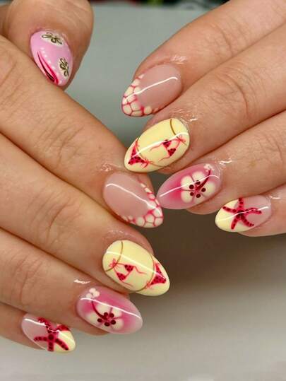 Instantly Upgrade Your Look With 24pcs Nail Patches, Medium To Long Almond Nails, Ins Style Nail Chips, Classic French Nails, Yellow Flowers, Starfish, Bikini Pattern Design, Modern Creative Fake Nails, Fresh And Beautiful Nail Kit, Suitable For Girls, Office Women, Daily, Dating, Holiday, Party Nail Supplies, Spring And Summer Press Style Fake Nails