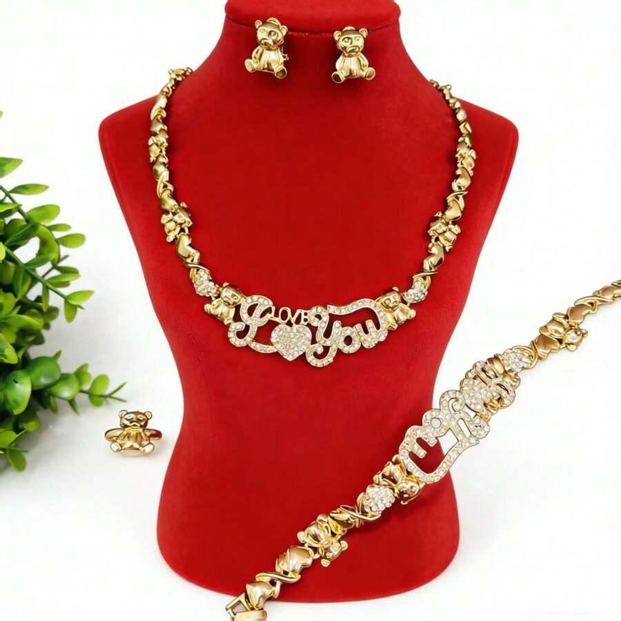 4pcs Women's Gilded Cute Rhinestone Bear Necklace, Earrings, Bracelet, Ring Jewelry Set, Middle Eastern, Dubai, African, European And American Parties, Weddings, Easter, Valentine's Day, Holidays, Gifts For Sisters And Girlfriends - Yellow Gold - View 1