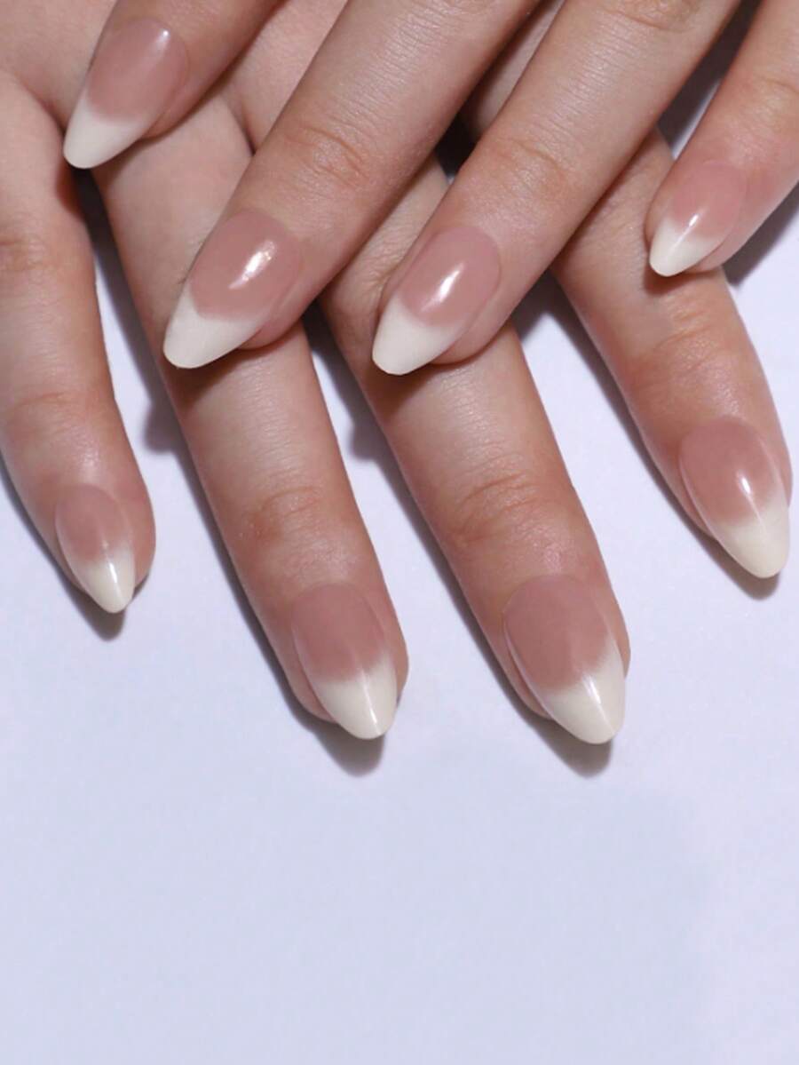 24pcs Classic French Style Nail Stickers, INS Almond Shape Nude Ombre Artificial Nails, Glossy Reusable Acrylic Nails. Suitable For Office, Wedding Bride, Includes 1pc Jelly Glue And 1pc Nail File