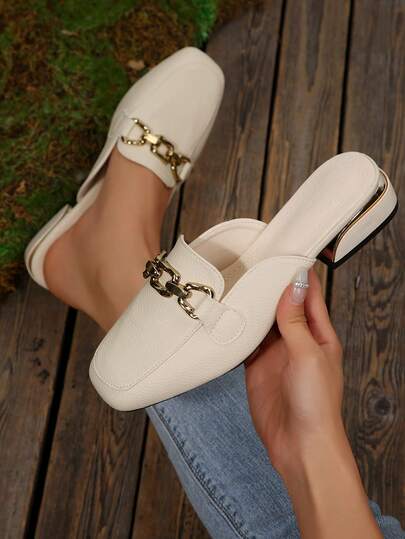 米色蜥蜴纹方头平底穆勒鞋，金属搭扣，优雅的春夏套脚乐福鞋，时尚漆皮女士无跟平底鞋