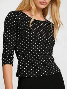 Women's Slim-Fit White Dot Print Top, Three-Quarter Sleeve Round Neck Stretch Blouse, Comfortable  Easy-Care Fabric For Daily Office Commute, Dating, And Casual Wear - 黑色 - 查看 1