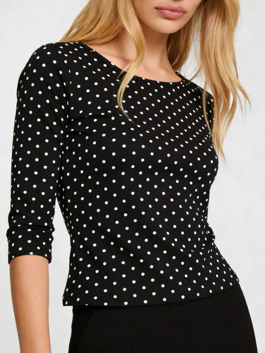 Women's Slim-Fit White Dot Print Top, Three-Quarter Sleeve Round Neck Stretch Blouse, Comfortable Easy-Care Fabric For Daily Office Commute, Dating, And Casual Wear - 黑色 - 查看 1
