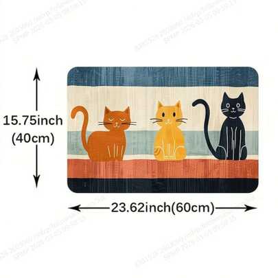 1 tấm thảm chùi chân dày dặn, thấm hút tốt, họa tiết mèo hoạt hình - Thảm polyester chống trượt, thích hợp cho nhà bếp và phòng tắm - Có thể giặt tay, nền sọc nhiều màu sắc, thảm phòng tắm.
