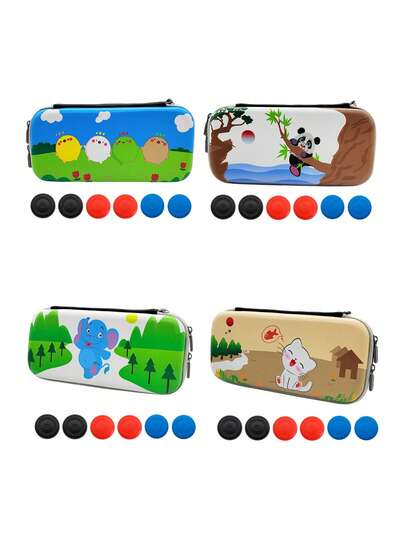 1 Set Colorful Printed Carrying Case + 8pcs Joystick Caps, Suitable For Nintendo Switch OLED And Switch, Shockproof, Dustproof, Scratch-Resistant, Waterproof, Comprehensive Protection For Device Safety