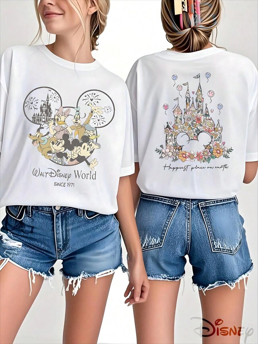 Camiseta de cuello redondo 100% algodón, con estampado de doble cara de Mickey y sus amigos, el Castillo de Disney, ideal como recuerdo del parque, regalo o uso casual, producto oficial con licencia de Disney, Walt Disney World - Blanco - Ver 1