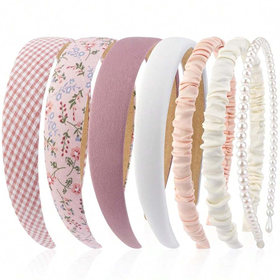 7pcs Set Women's Fashion Brown Knotted Solid Color Headbands, Faux Pearl Headbands, Non-Slip Headbands Suitable For Short & Long Hair, Facial Wash, Gift For Ladies & Girls Travel Accessories Hair Band Diadema Hair Hoop - Pink - View 1