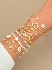 9pcs Fashionable Minimalist Elegant Heart, Flower, Daisy, Bow, Rhinestone Chain Bracelet Set, Suitable For Women, Holiday, Party, Birthday, Daily Wear - Yellow Gold - View 2
