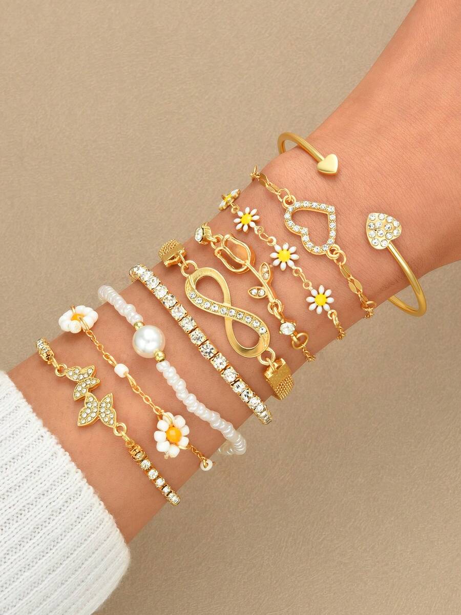 9pcs Fashionable Minimalist Elegant Heart, Flower, Daisy, Bow, Rhinestone Chain Bracelet Set, Suitable For Women, Holiday, Party, Birthday, Daily Wear