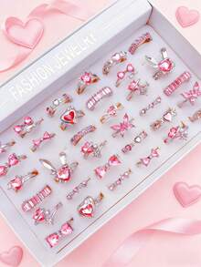 10pcs/Pack Girl's Fashion Mixed Pink Cubic Zirconia Open Ring Set, Personalized Party Gift Daily Jewelry - 10 Random Pink Rings - View 1
