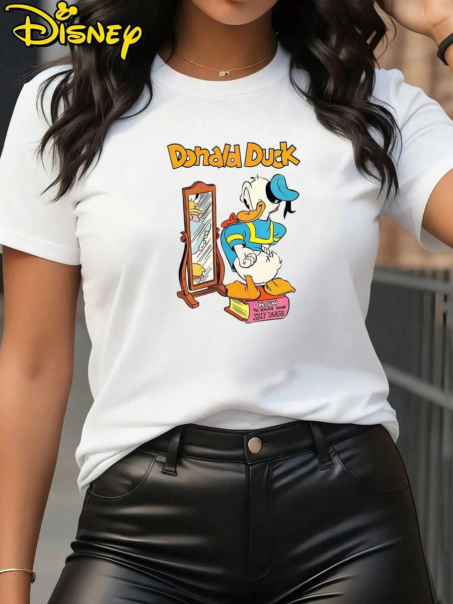 Disney Donald Duck Cartoon Print T-Shirt | Loose, Casual, Versatile, Soft And Stretchy, Fashionable Short Sleeve Round Neck Top For Women - trắng - Xem 1