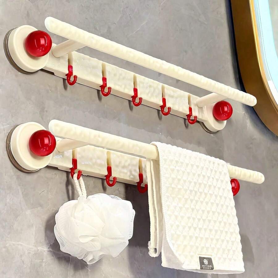 1 Set de ganchos y estante de baño montado en la pared sin taladro con ventosa, organizador de baño, barra de toallas con ganchos, barra de toallas extraíble