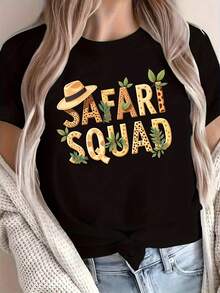 SAFARI SQUAD Letter Print T-Shirt, Short Sleeve Crew Neck Casual Top For Summer & Spring, Women's Clothing - màu đen - Xem 6