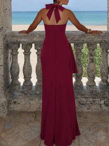 PEONY 女士优雅性感纯色露背吊带高开衩长裙，迷人修身红色长裙，适合晚宴、派对、婚礼宾客、约会、情人节、周年纪念、毕业典礼、正式场合、假日、Y2K风格、夏季节日等场合。 - 酒紅色 - 查看 4