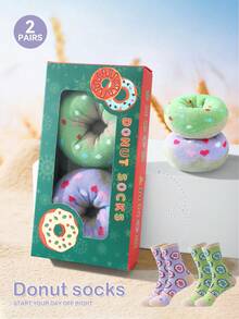2 Pairs New Colorful Donut Design Mid-Calf Socks Gift Box, Spring/Summer Unisex Sports Socks, Imaginative Food-Inspired Creative Design, Knitted Fabric, Tall Thick Soft Comfortable, Perfect For Birthday, Valentine's Day, Easter, Festival, Carnival, Dates, Parties, Holidays Gifts, Quirky Abstract Daily Casual Wear Socks, Popular Food-Themed Outfits, Suitable For All Seasons, Great Gift For Couples, Friends, Vacation, Outdoor Sports, Gym, Home, Office - Multicolor - View 2