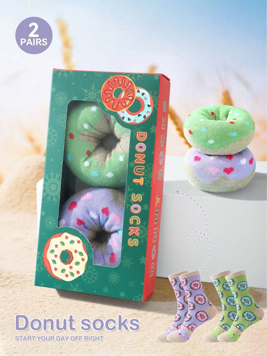 2 Pairs New Colorful Donut Design Mid-Calf Socks Gift Box, Spring/Summer Unisex Sports Socks, Imaginative Food-Inspired Creative Design, Knitted Fabric, Tall Thick Soft Comfortable, Perfect For Birthday, Valentine's Day, Easter, Festival, Carnival, Dates, Parties, Holidays Gifts, Quirky Abstract Daily Casual Wear Socks, Popular Food-Themed Outfits, Suitable For All Seasons, Great Gift For Couples, Friends, Vacation, Outdoor Sports, Gym, Home, Office