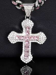 Men's Hip Hop Rhinestone Cuban Link Chain Necklace, Hip Hop Style Rhinestone Cross Pendant Necklace, Men's Jewelry - Fashionable Diamond-encrusted Cross Pendant - View 8