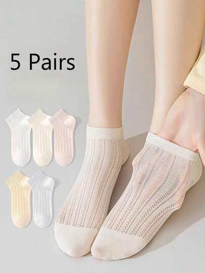 5双装女士透明条纹透气短袜，防滑舒适轻便，适合春夏穿着