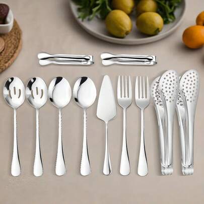 11pcs Silver-Colored Stainless Steel Service Utensil Set - Spoons, Forks, Slotted Spoon, Pie Server, BBQ Tongs, Sugar Tongs - Perfect For Buffets, Banquets, Parties, Restaurants,Wedding, Thanksgiving