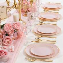 50/25/20/10/2pcs Pink Single Gold Rim Dinner Plates, Large Plate Size 10.25 Inches, Small Plate Size 7.5 Inches, Luxury High-End Tableware, Ideal For Family Gatherings, Birthday Parties, Outdoor Events, Holidays, Weddings And More. - Pink - View 1