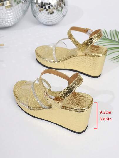 1 đôi sandal đế xuồng đính pha lê màu trơn thanh lịch, thích hợp để mang ngoài trời vào mùa xuân và mùa thu.