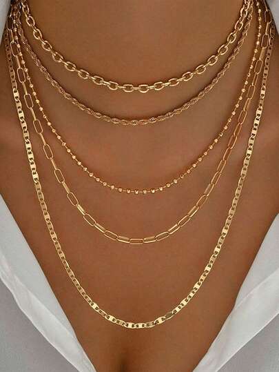 Set de 5 collares multicapa con cadena de espiga y cadena de serpiente, collares superpuestos adecuados para uso diario, fiesta, regalo de vacaciones