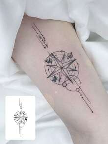 1张时尚防水赛博朋克指南针纹身贴纸，防汗，逼真仿纹身，酷炫服饰及拍照配饰，可持续2-3天 - 黑色 - 查看 1