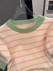 Women's Summer Striped Short Sleeve Knit T-Shirt, New Casual Versatile Chic Flattering Top - Pink - View 3
