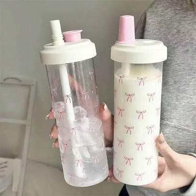 Cute Bow Pattern Straw Clear Water Bottle, 1 Count Portable Large Capacity Drinking Cup With Lid, Drinking Bottle For Home Office School Outdoor, Drinkware