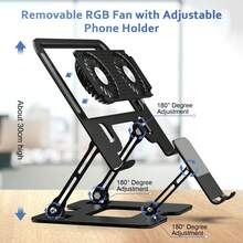 2-In-1 Laptop Stand With Detachable Fan, Includes Phone Holder And Silent Fan, Adjustable Height And Angle, Carbon Steel Frame, Suitable For 16-Inch And Below Laptops Cooling Pad (Black) - View 2
