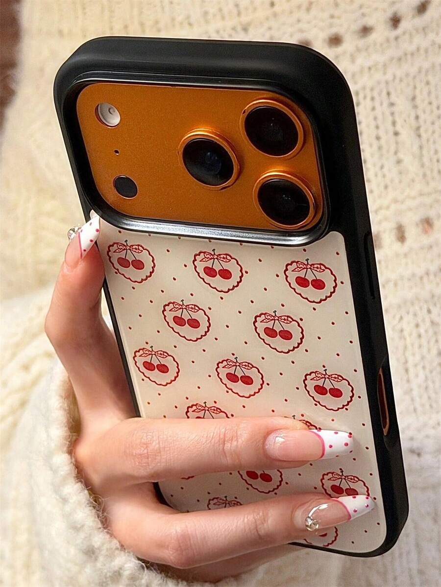 Aesthetics Cute Heart Bow Cherrys Polka Dot Phone Case Compatible With IPhone 17 Pro Max 17 Pro 17 16 Pro Max 16 Pro 16 15 Pro Max 15 Pro 14 Pro Max 14 Pro 13 12 Pro Max 11 16 15 14 Plus Black Soft Bumper Shockproof Back Cover