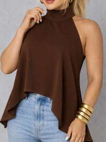 Women's Tank Top With Halter Neck And Tie Detail - Summer - 鏽棕色 - 查看 2