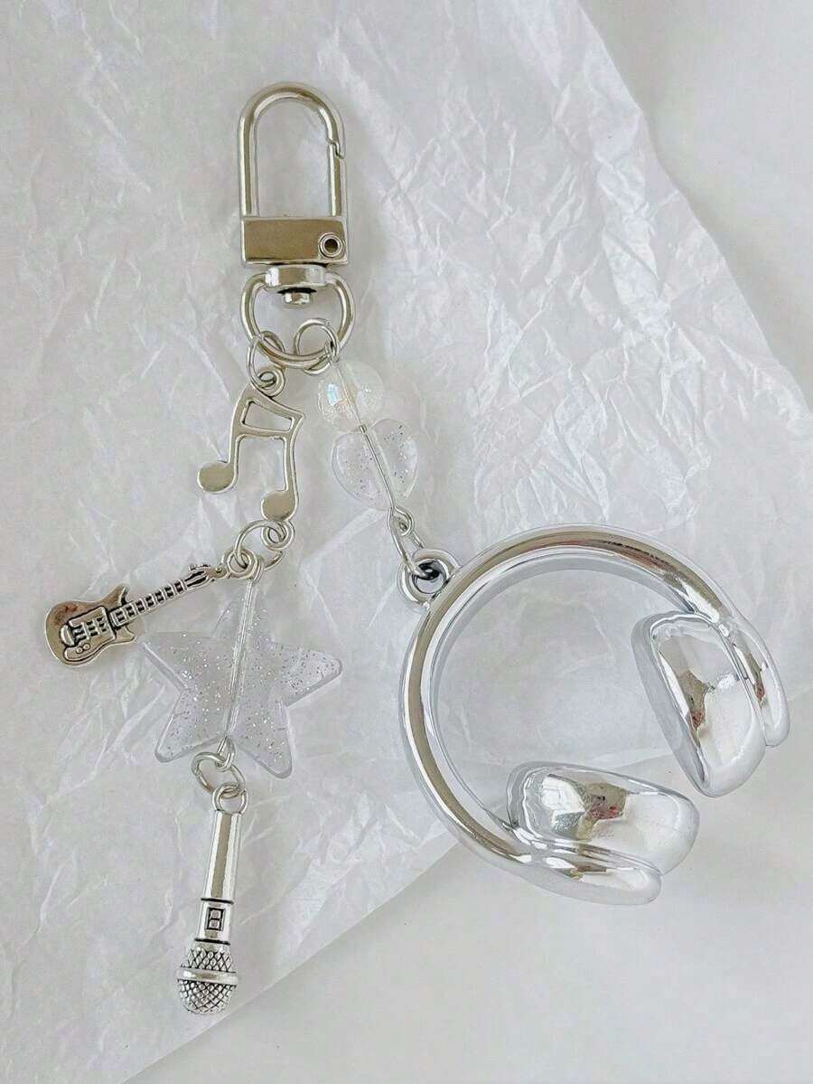 1pc Unisex INS Style Music Earphone Keychain, Creative Mini Microphone Guitar Music Note Keyring, Unique Phone Chain Bag Car Key Holder, Music Festival Music Lover Gift Car Accessories Bag Charm Backpack For School Cute Goth Y2k - 多色的 - 查看 1