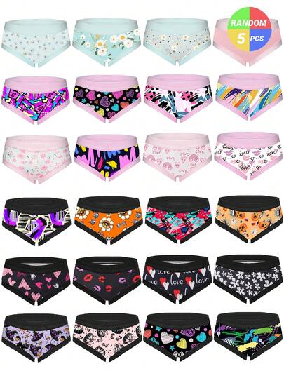  Dircho 5pcs Women's Random Print Briefs With Contrast Elastic Waistband, Soft Stretchy Underwear Set Featuring Floral, Graffiti & Heart Patterns, Breathable Multipack For Daily Wear