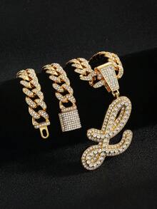 嘻哈风镶钻链，配定制草书字母吊坠，镀金项链，个性化首字母首饰 - 嘻哈字母項鍊 - 查看 45