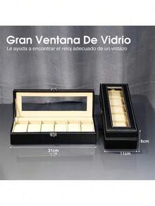 PU Leather Watch Box With Glass Window, 6/12 Compartment Organizer With Lock For Collections - Black - View 5