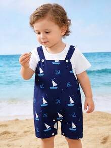 Nautical Summer Sailboat Print Baby Romper, Infant Outdoor Clothing - White - View 1